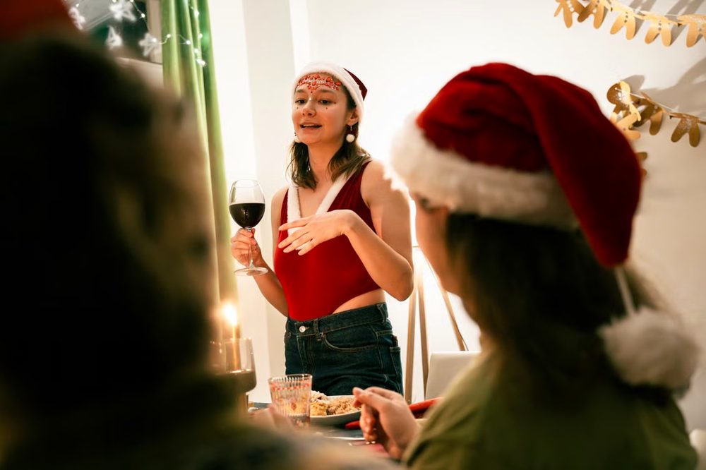 Friends toasting at a holiday party